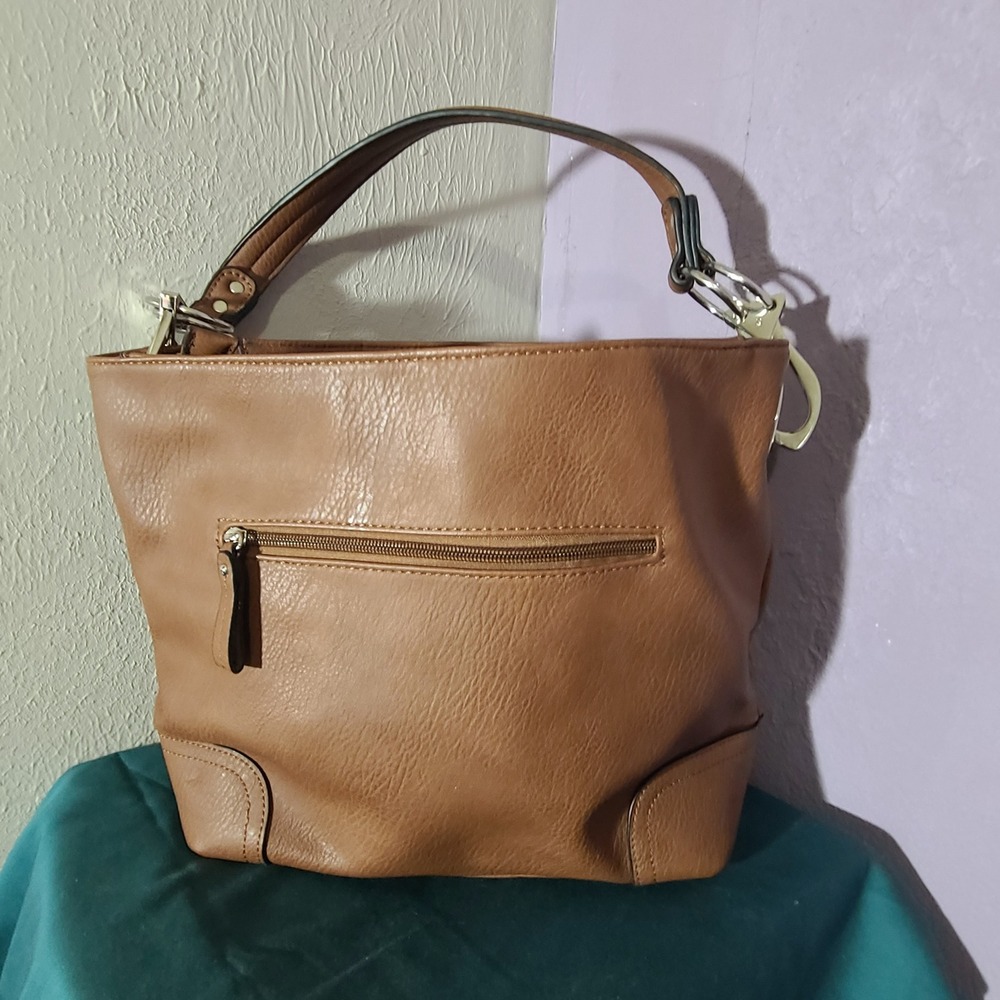 Hobo Tote Bag Women Large Tan Brown Chunky Vegan Leather Silver Hardware Lined